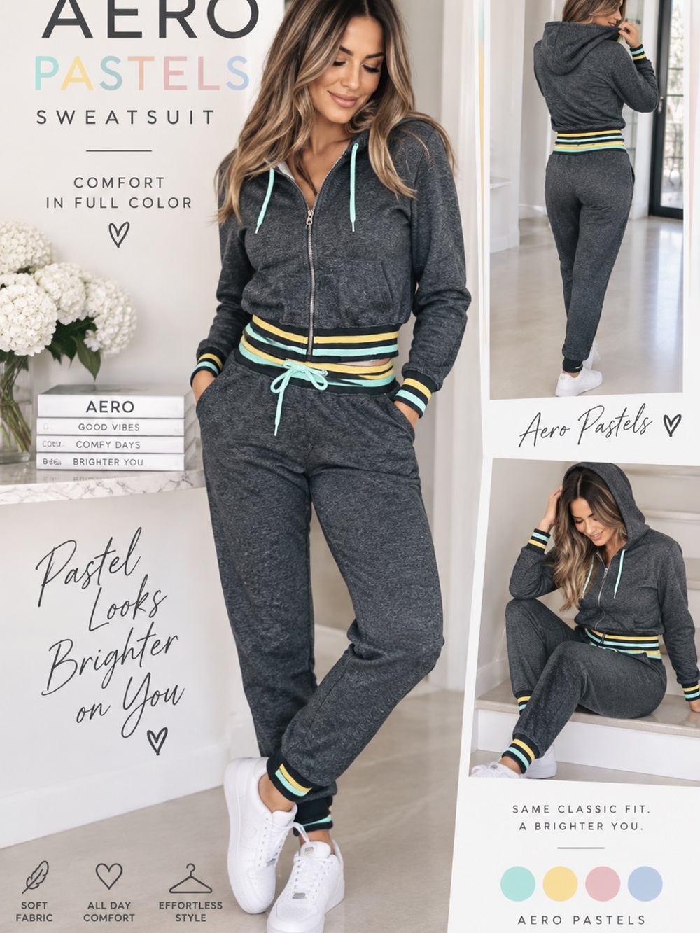 Pastels Dark Gray Zip Hoodie Jogger Set with Mint & Yellow Trim
